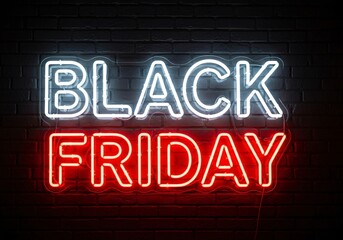 Fototapeta premium Bright neon sign glowing against a dark brick wall, announcing the black friday sale event with white and red lights, creating a sense of urgency