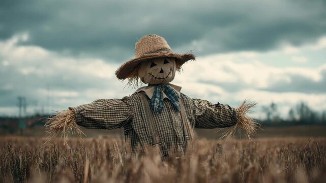 Scarecrow in a wheat field under cloudy sky with straw hat and plaid shirt