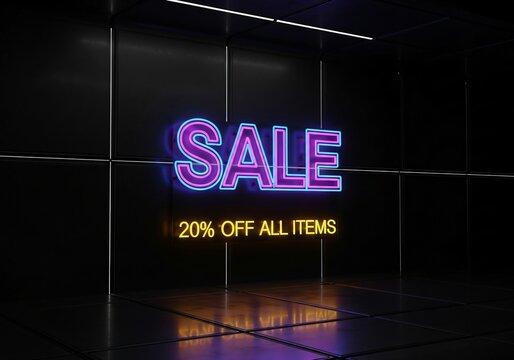A vibrant neon sign illuminates a dark room, announcing a 20 off sale on all items, casting a colorful glow on the floor, creating a modern and inviting atmosphere