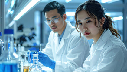 Two scientists in laboratory are conducting experiments with focus and precision. They are surrounded by glassware and scientific equipment, indicating research environment