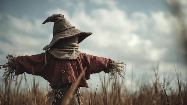Rustic scarecrow amidst wheat fields under cloudy skies