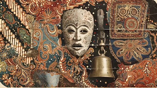 Intricate Mask & Artifacts: Cultural Heritage Still Life with Batik Patterns