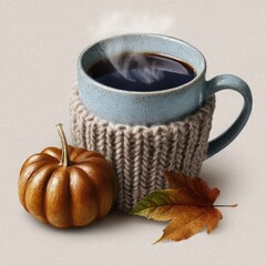 Steaming Coffee Cup with Pumpkin and Autumn Leaf fall