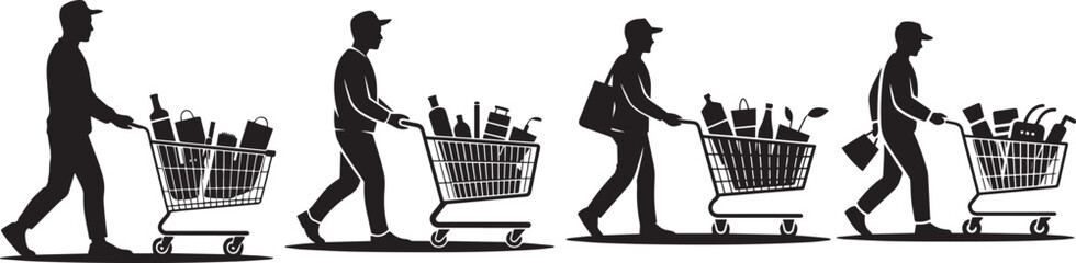 Silhouettes of people pushing shopping carts filled with groceries and items