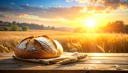 Rustic loaf of bread sits on wooden table against backdrop of golden wheat field at sunset, evoking sense of warmth and tranquility