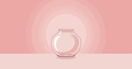 A minimalist illustration featuring a clear glass vase set against a soft pink backdrop, emphasizing simplicity and elegance alongside a sense of calmness and potential.