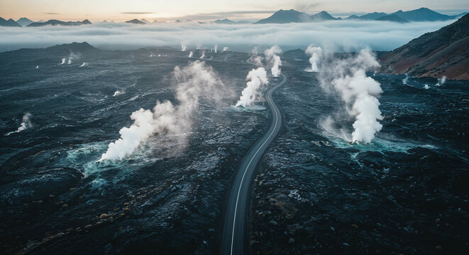 Aerial View of Highway Through Geothermal Volcanic Terrain - Powered by Adobe