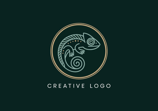 This logo design features a chameleon within a circular frame, symbolizing adaptability and creativity, crafted in a modern and elegant style.