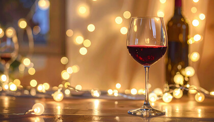 Glass of red wine sits elegantly on wooden table, surrounded by warm, glowing string lights creating cozy and inviting atmosphere