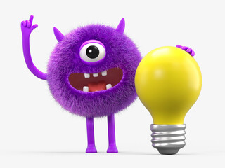 Fluffy, cute monster with a lightbulb, symbolizing ideas and innovation. 3D rendering, conceptual image. Isolated on white background.