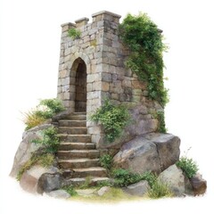 Stone tower with arched doorway and stone steps ancient building
