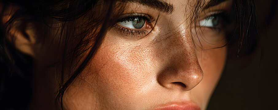 Brunette woman with clean, glowy skin in natural light. Side profile, close-up of face. Healthy complexion, beauty, wellness. Fresh, youthful lady with no makeup.