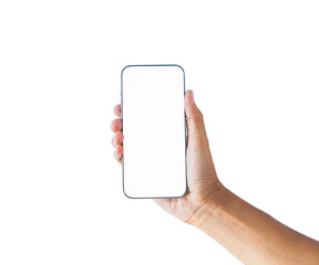 Close-up of hand holding modern smartphone with blank screen isolated on white background. High quality studio shot. Concept for technology, business, finance, advertising and public relations.