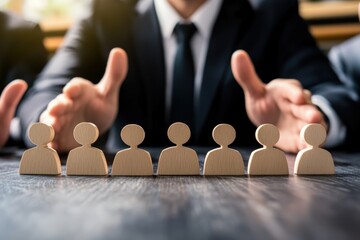 People Representation Concept: A composed business person carefully arranges miniature wooden figurines symbolizing a team or organization. Conveying concept of control and leadership.