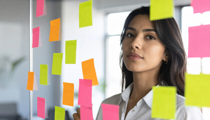 Focused woman stands in front of glass wall covered with colorful sticky notes, planning and organizing ideas in modern office setting