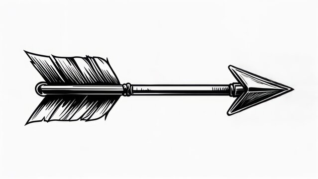 Detailed monochrome illustration of an arrow with feather fletching and arrowhead.