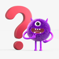 Fluffy, cute monster beside a question mark, symbolizing inquiry or curiosity. 3D rendering, conceptual image. Isolated on white background.
