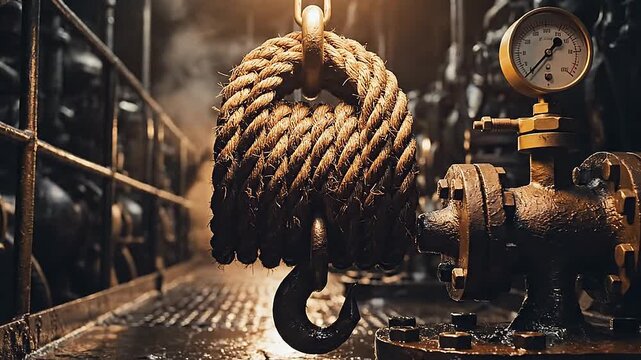 Engine room rope gasket coiled neatly, industrial order in dim light.