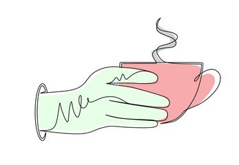 Continuous line art of a hand holding a cup of coffee or tea with curved and winding lines in attractive colors. This icon is for a cafe sticker or banner.