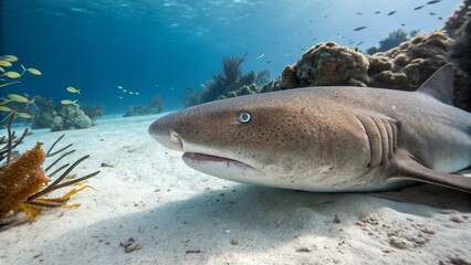 Nurse Shark (Ginglymostoma cirratum) resting peacefully on a sandy seafloor in its vibrant tropical coral reef habitat.