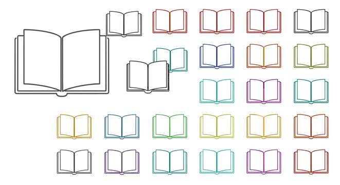 Collection of Open Book Icons in Various Vivid Colors, Minimalistic Linear Pictograms Ideal for Web and Graphic Design, Apps, Banners, Social Networks, and Cards, Representing Knowledge and Learning
