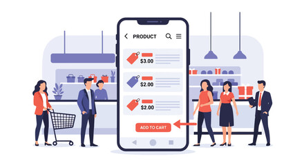 Flat vector of large smartphone displaying product listing cards with user tapping “add to cart”. Bold solid-color illustration, ideal for app UI, mobile commerce banners