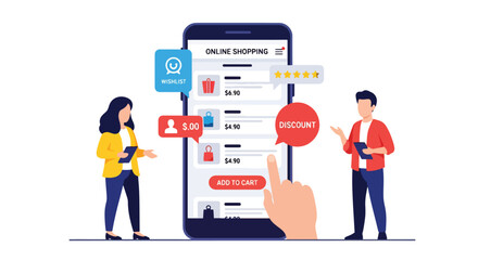 Flat vector of large smartphone displaying product listing cards with user tapping “add to cart”. Bold solid-color illustration, ideal for app UI, mobile commerce banners