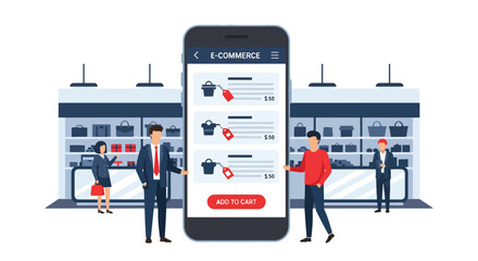 Flat vector of large smartphone displaying product listing cards with user tapping “add to cart”. Bold solid-color illustration, ideal for app UI, mobile commerce banners