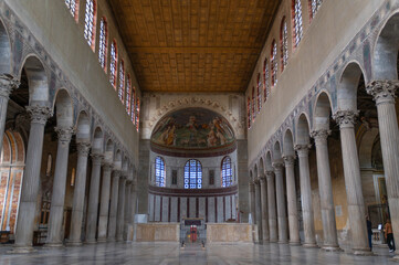 Interior of the Basilica of Santa Sabina, central nave and colonnade, Aventine Hill, Ripa district, Rome, Italy