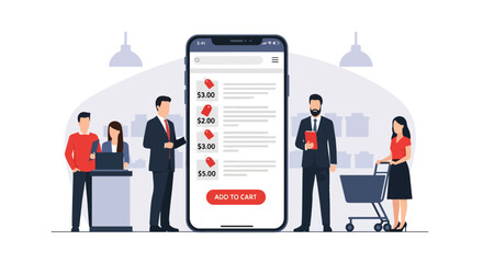 Flat vector of large smartphone displaying product listing cards with user tapping “add to cart”. Bold solid-color illustration, ideal for app UI, mobile commerce banners