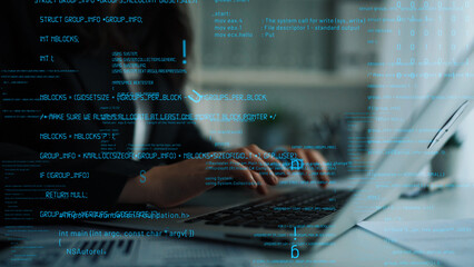 A close-up shot showcasing hands typing on a laptop, surrounded by streams of code and digital data, highlighting the dynamic world of technology and software development. Xenic