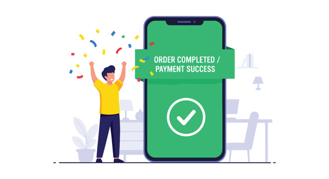 Flat vector happy buyer celebrating “Order Confirmed” screen with receipt and checkmark badge. Clean solid-color illustration, ideal for email marketing, order success pages, and tracking messages