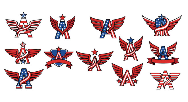 Set of American flag-themed letter A monograms with wings and stars, presented in a cartoon illustration style on a white background, symbolizing patriotism and national pride. These vector graphics