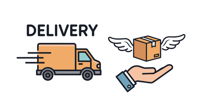 Dynamic delivery concept with a fast-moving truck and a winged package landing gently on an open palm, symbolizing efficient logistics and secure shipping, perfect for e-commerce and transportation