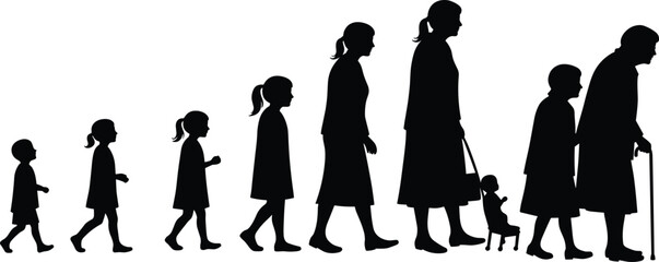 Silhouette illustration showing female life stages from childhood to old age, aging concept, timeline, growth, development, generational change