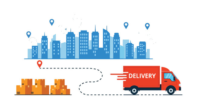 Flat vector delivery truck following dotted map route between location pins. Solid bright palette, ideal for delivery apps, shipping status pages, and logistics illustration