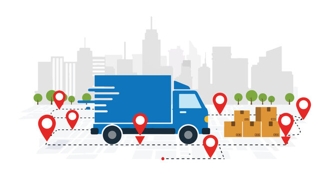 Flat vector delivery truck following dotted map route between location pins. Solid bright palette, ideal for delivery apps, shipping status pages, and logistics illustration