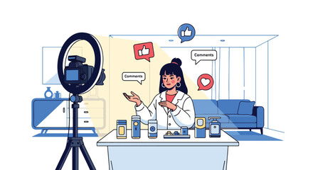Flat vector influencer recording product review with camera, ring light, and floating engagement icons. Solid color palette, ideal for influencer marketing, product launch promotions, and social ads