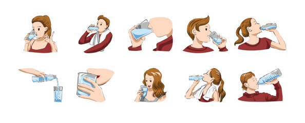 A cheerful cartoon boy drinking fresh water in a healthy lifestyle illustration promoting hydration and wellness for children and family themes, vector illustration.