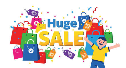 Flat vector scene with huge SALE title, discount icons and bags, excited customer holding shopping items. Ideal for seasonal campaign banners and sale announcements