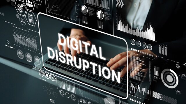 Conceptual representation of digital disruption with hands typing on a keyboard in front of data analytics and technology graphics. Asymptotic smart data analytic.