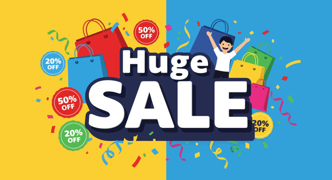 Flat vector scene with huge SALE title, discount icons and bags, excited customer holding shopping items. Ideal for seasonal campaign banners and sale announcements