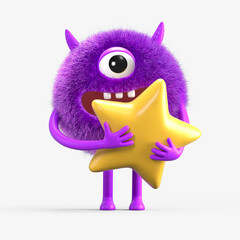 Fluffy, cute monster holding a star, symbolizing achievement or rating. 3D rendering, conceptual image. Isolated on white background.