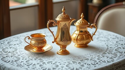 creamer. An ornate gold coffee set arranged on a delicate lace tablecloth with soft window lighting. menu design, packaging mockups, designed for food delivery and cloud-kitchen brand materials.