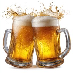 Two Beer Mugs Clinking with Frothy Splash toast celebration