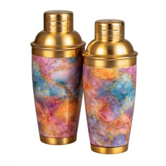Two colorful cocktail shakers with gold accents barware