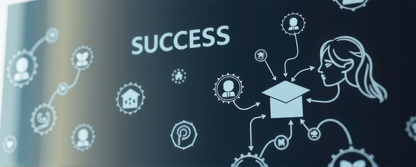 Success concept with education icons and female profile, digital illustration showing achievement and learning process in modern style