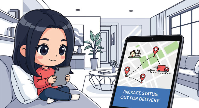 Chibi user checks delivery progress on tablet with map and tracking steps. Cute pastel vector in solid palette, ideal for order tracking screens, customer updates, and delivery UX flows