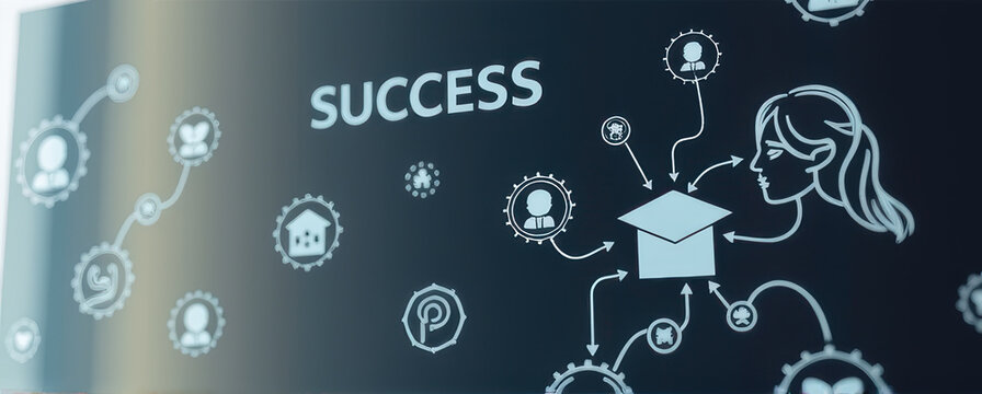 Success concept with education icons and female profile, digital illustration showing achievement and learning process in modern style - Powered by Adobe