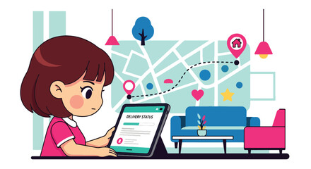 Chibi user checks delivery progress on tablet with map and tracking steps. Cute pastel vector in solid palette, ideal for order tracking screens, customer updates, and delivery UX flows